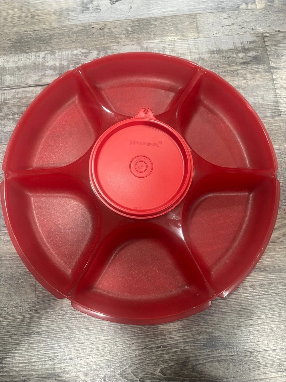 Tupperware Red Divided Serving Tray with Center Dip Container and Lid